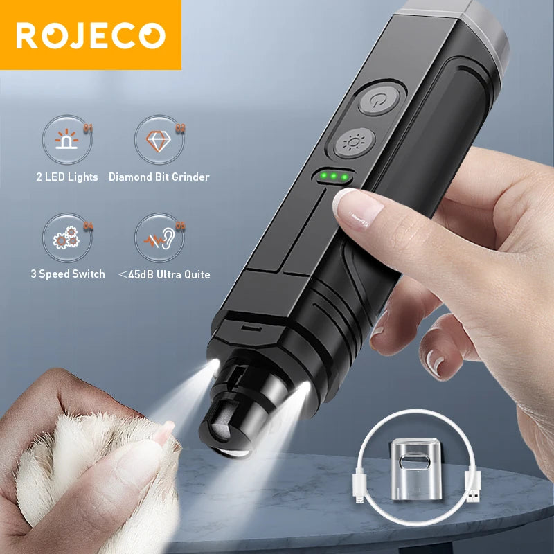 Professional Electric Pet Nail Grinder with LED Light - Rechargeable Dog Nail Clippers & Cat Claw Grooming Tool